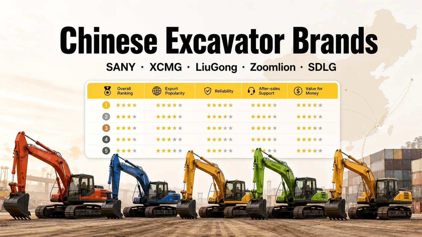 Buyer guide graphic comparing Chinese excavator brands including Sany, XCMG, LiuGong, Zoomlion, and SDLG