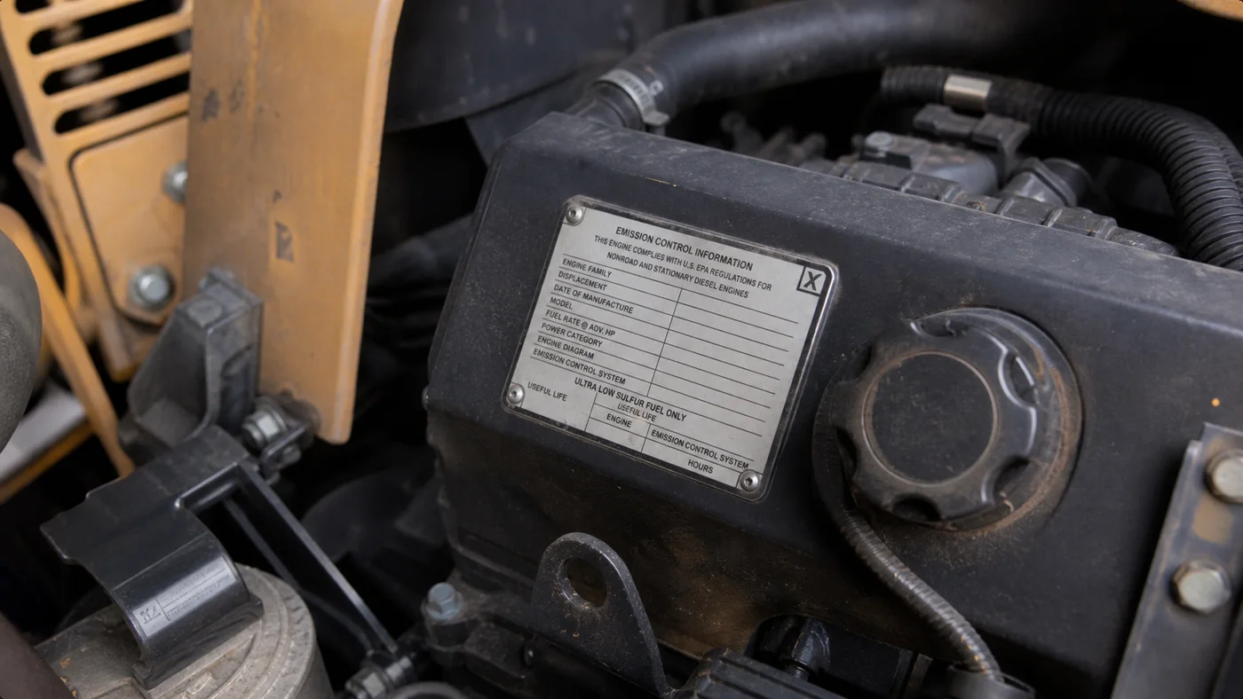 Close-up of an excavator engine emissions label and data plate for EPA import checks