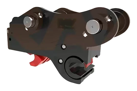 Hydraulic dual-lock excavator quick coupler showing the hydraulic cylinder and secondary mechanical lock