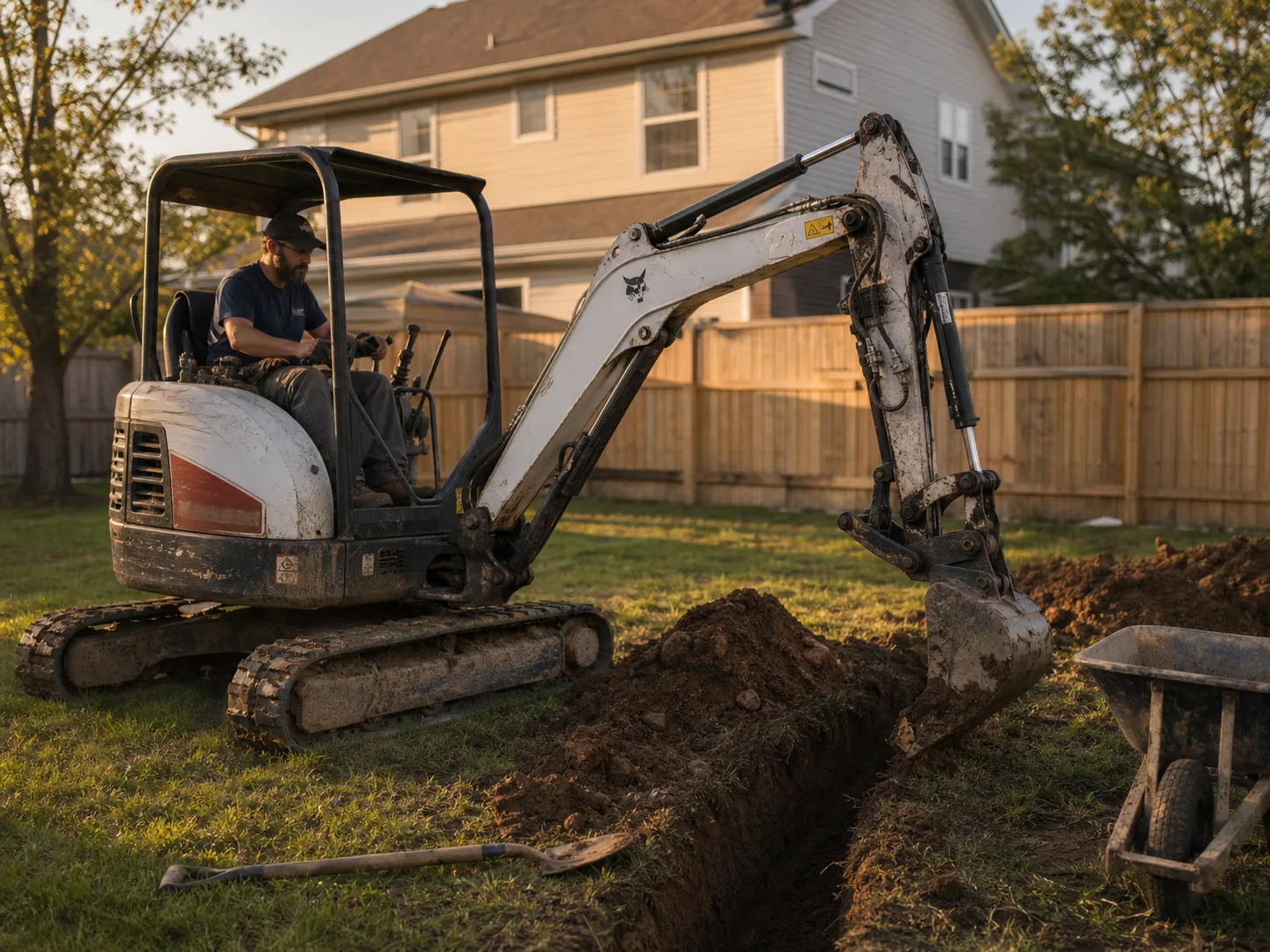 Used mini excavator digging a drainage trench in a residential backyard