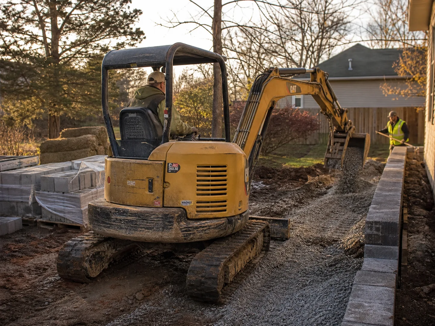 Mini excavator placing gravel for a retaining wall in a landscaped yard