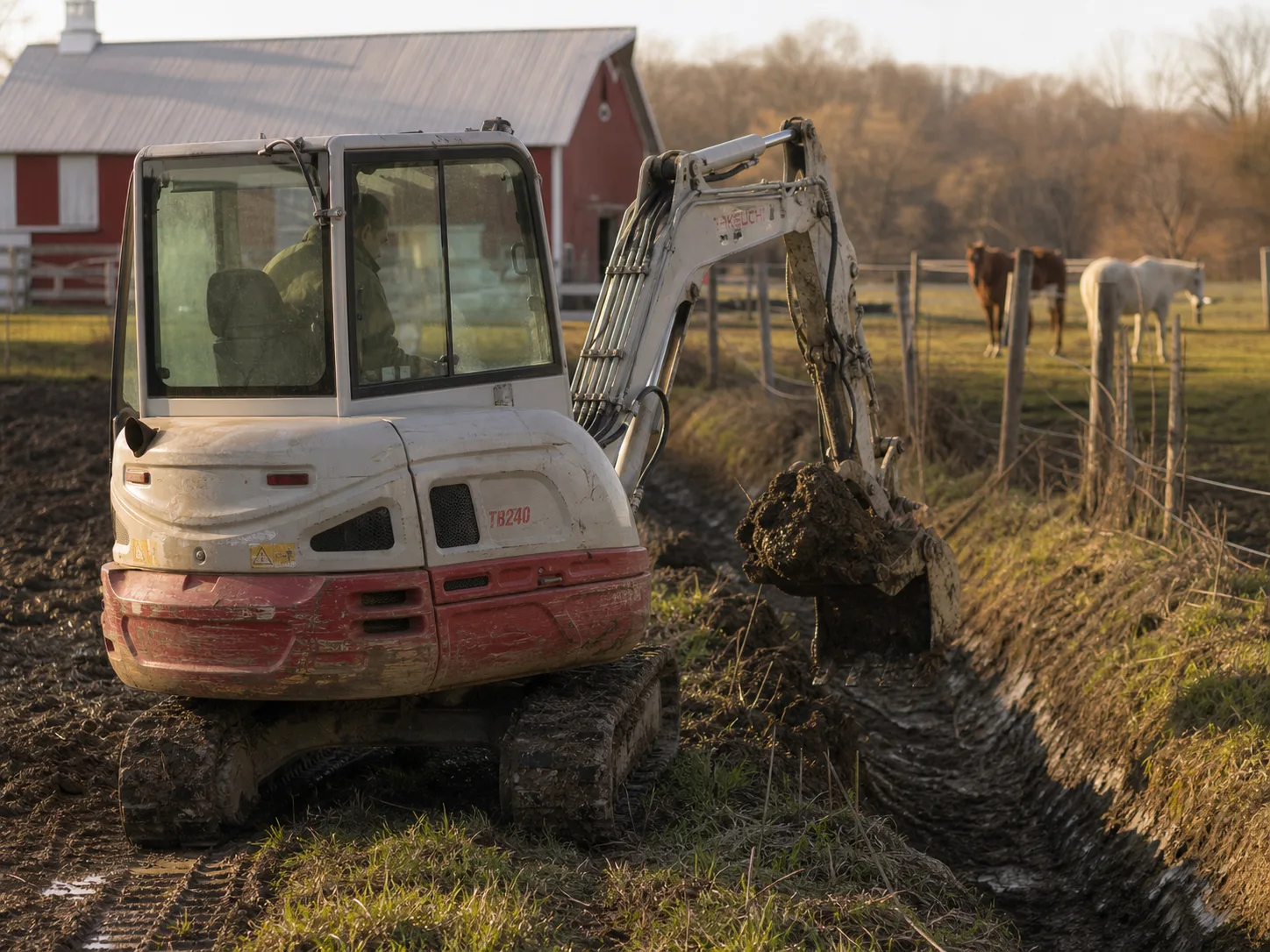 Mini excavator digging a drainage ditch along a small farm pasture